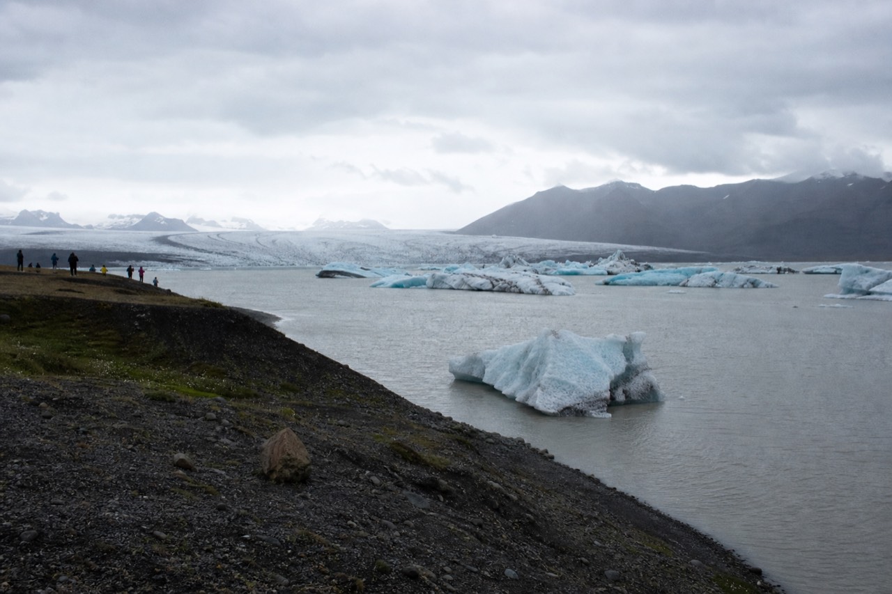 Icebergs floating in a still glacier lagoon beneath a low glacier front under an overcast sky