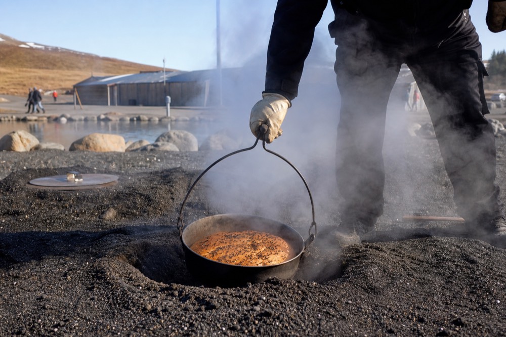 A loaf of dark rye bread being lifted from a pot buried in steaming black sand