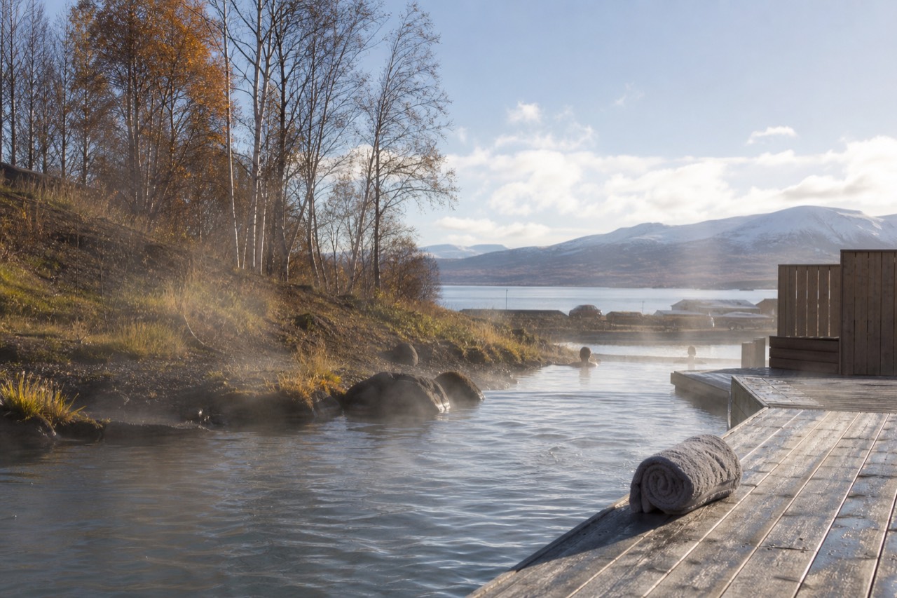 Steaming geothermal pools built into a forested mountainside above a fjord in North Iceland