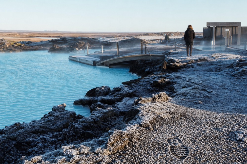 Turquoise geothermal water edged with black lava rock at an Icelandic lagoon