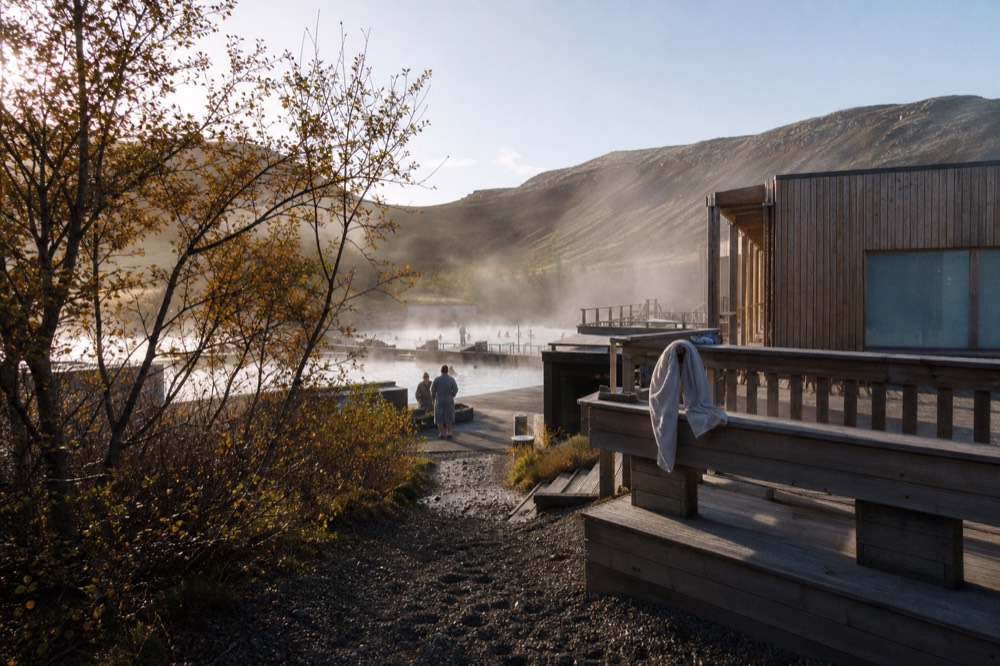 Modern timber bathing complex at the edge of a geothermal field